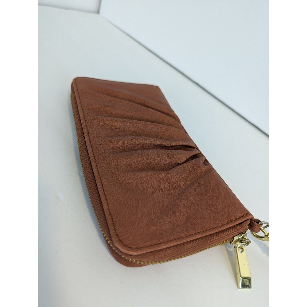 Wallet Clutch Zippered Wristlet with Gold Accents Credit Card Slots Brown Tan